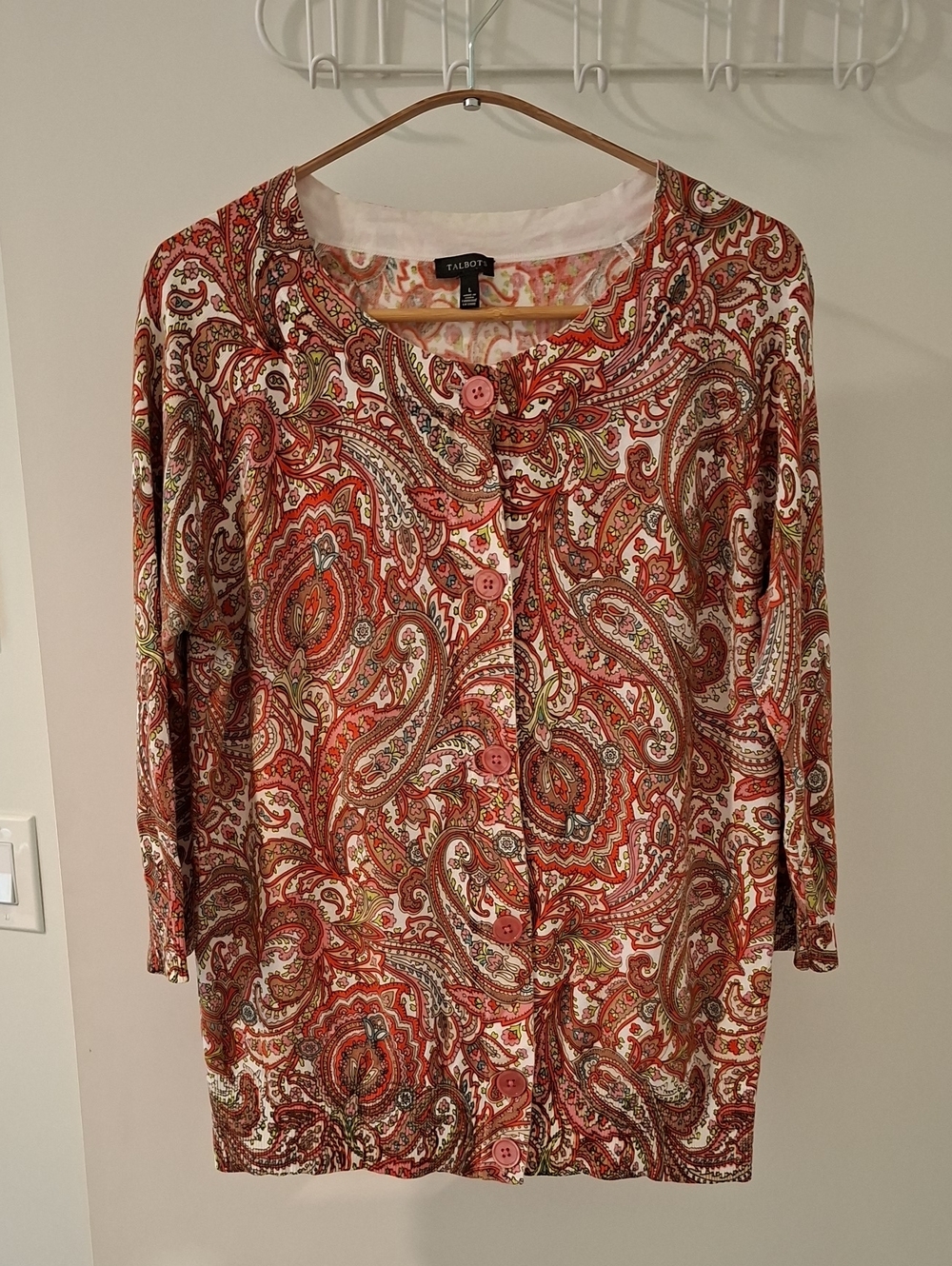 Talbots Cozy Vibrant Pink & Multi-color Paisley Cotton-rich Cardigan (Size L)